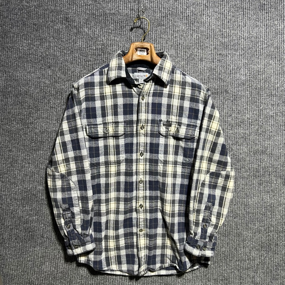 Carhartt Flannel Shirt Mens Size M Blue Plaid Long Sleeve Original Fit Heavy